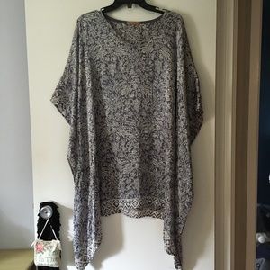 Beautiful ORIGEN Pure Silk Blue-Grey + White Print Kimono Style Mini Dress O/S